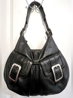 🖤COLE HAAN Large Black Supple Leather Hobo Shoulder Bag Silver Buckle Pockets